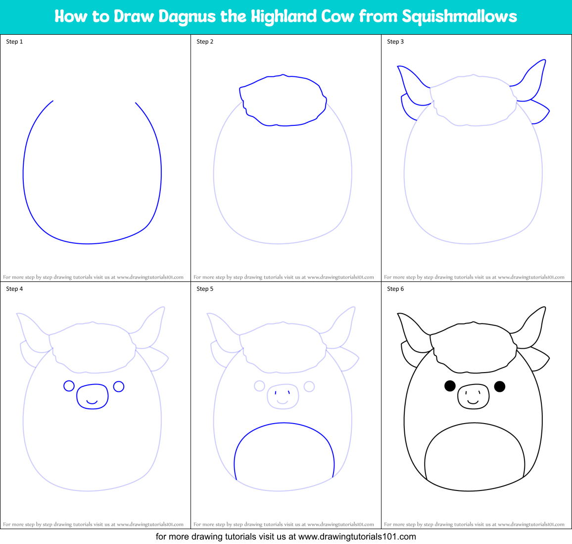 How to Draw Dagnus the Highland Cow from Squishmallows Printable Step by Step