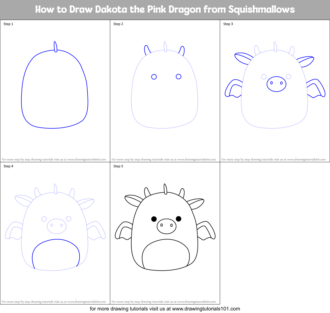 How to Draw Dakota the Pink Dragon from Squishmallows Printable Step by Step