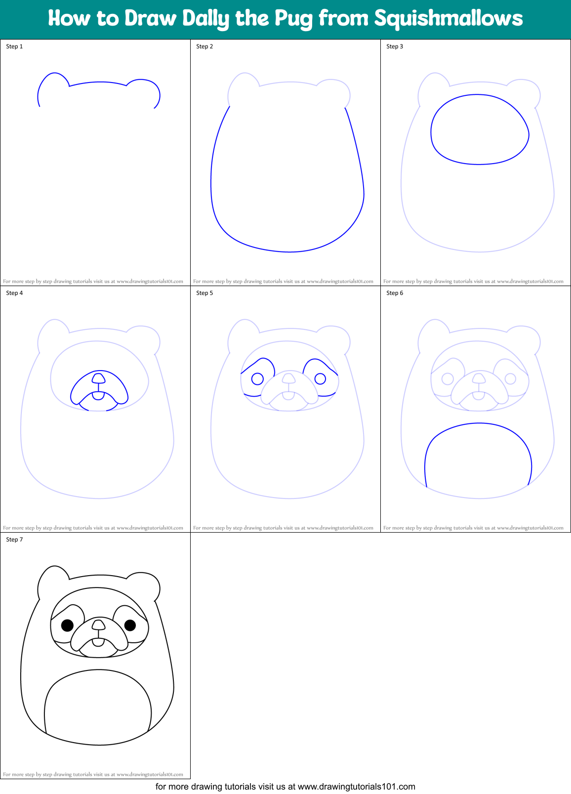 How to Draw Dally the Pug from Squishmallows Printable Step by Step