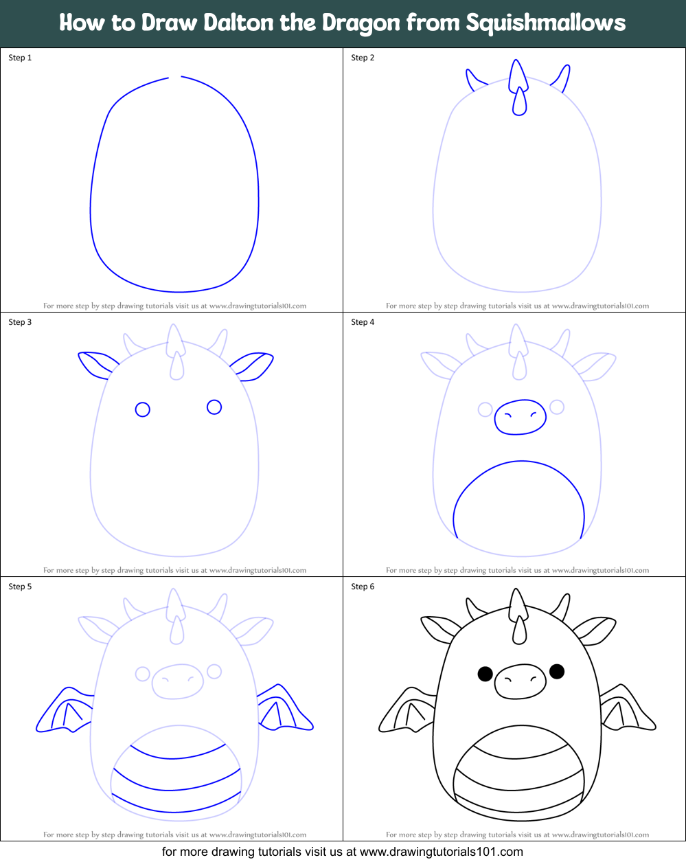 How to Draw Dalton the Dragon from Squishmallows Printable Step by Step