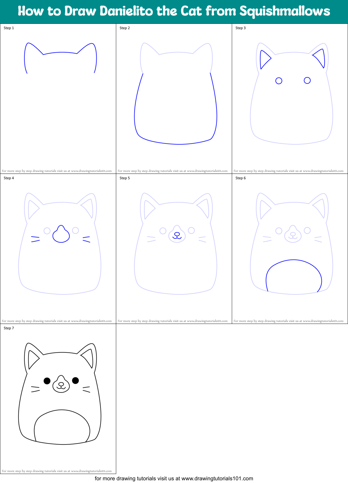 How to Draw Danielito the Cat from Squishmallows Printable Step by Step