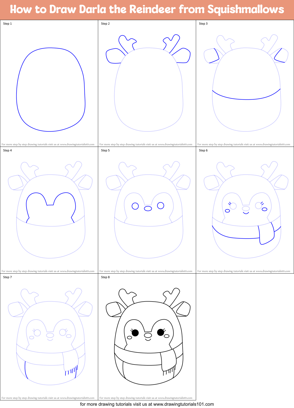 How to Draw Darla the Reindeer from Squishmallows Printable Step by Step