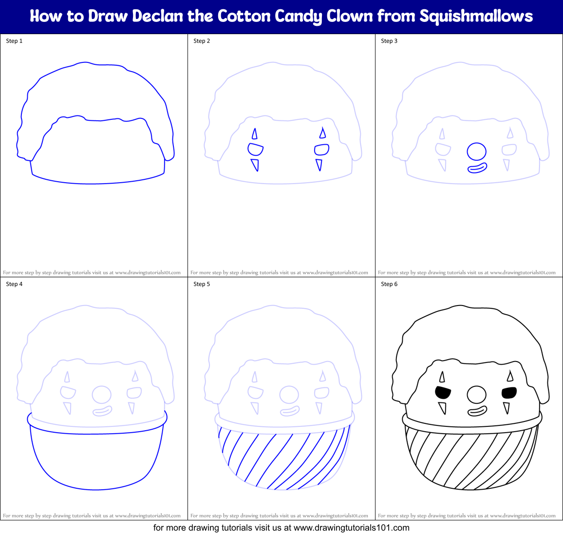 How to Draw Declan the Cotton Candy Clown from Squishmallows Printable Step by Step