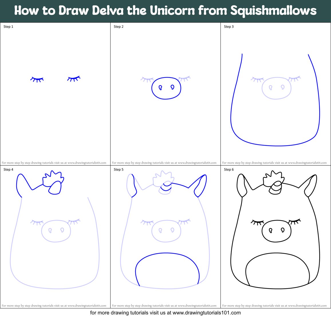 How to Draw Delva the Unicorn from Squishmallows Printable Step by Step