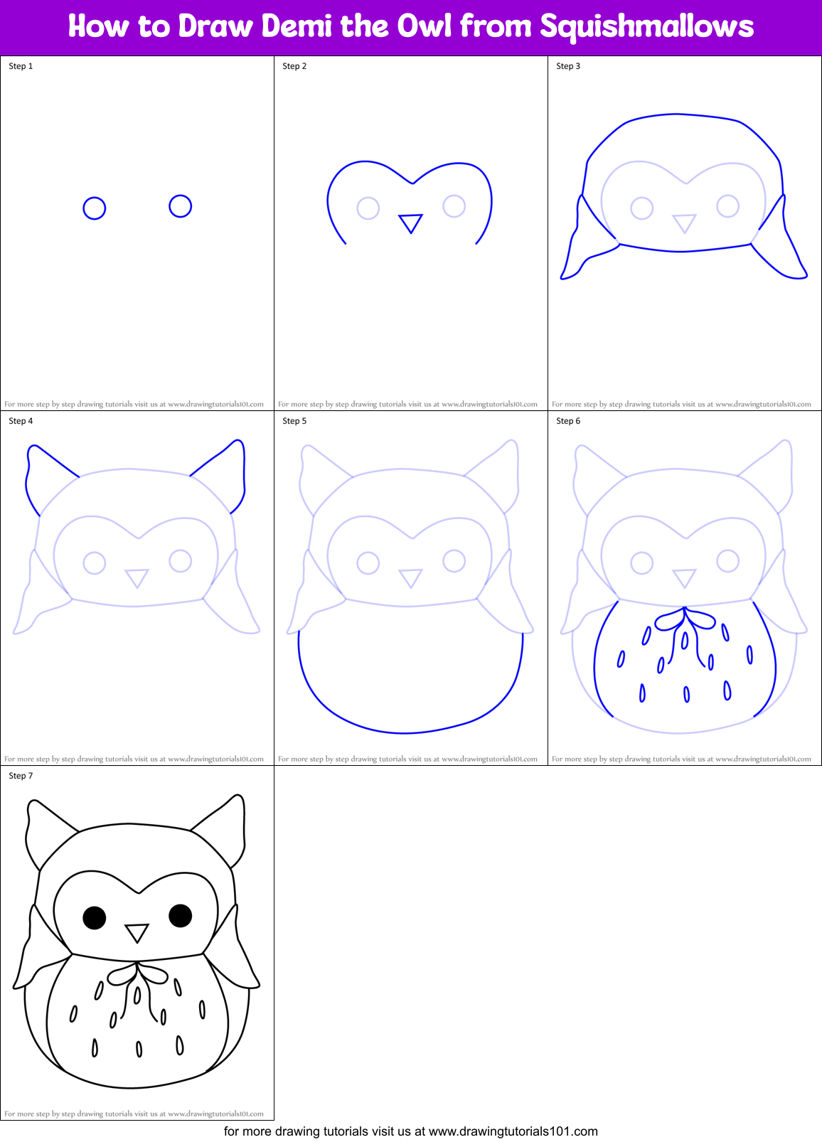How to Draw Demi the Owl from Squishmallows Printable Step by Step
