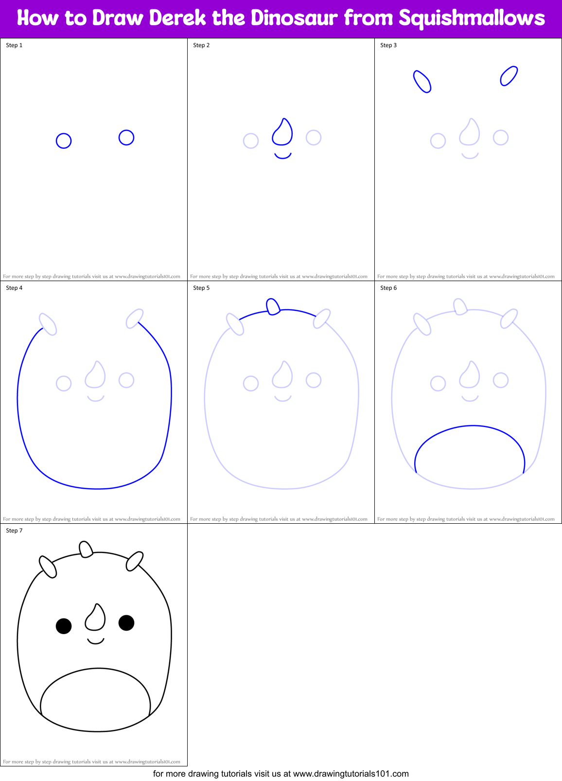 How to Draw Derek the Dinosaur from Squishmallows Printable Step by Step