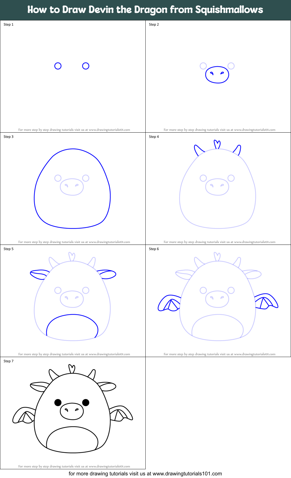 How to Draw Devin the Dragon from Squishmallows Printable Step by Step