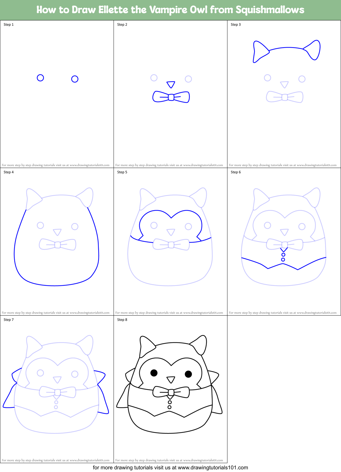 How to Draw Ellette the Vampire Owl from Squishmallows Printable Step by Step