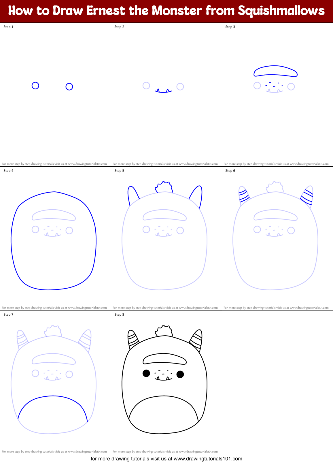 How to Draw Ernest the Monster from Squishmallows Printable Step by Step