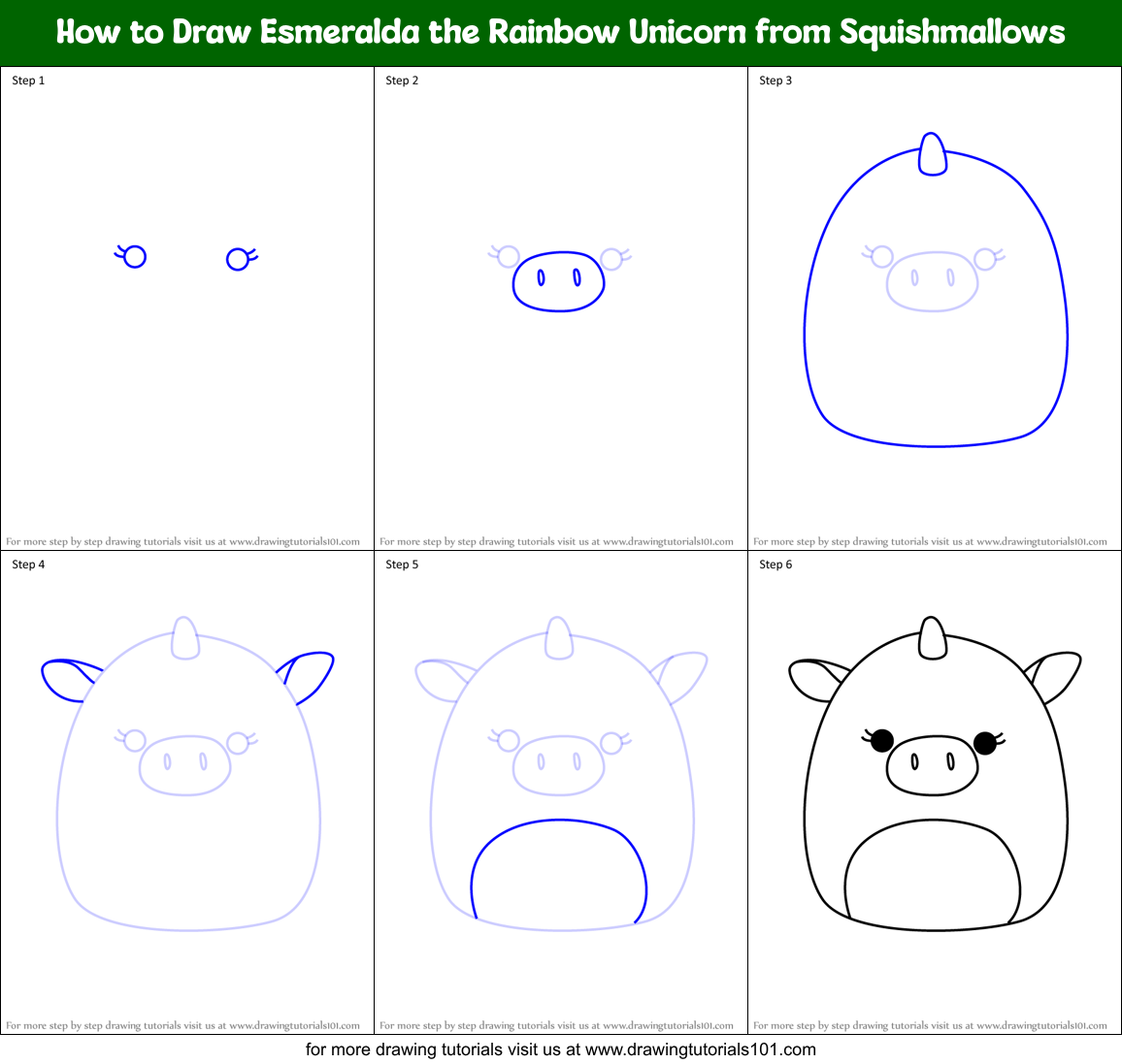 How to Draw Esmeralda the Rainbow Unicorn from Squishmallows Printable Step by Step