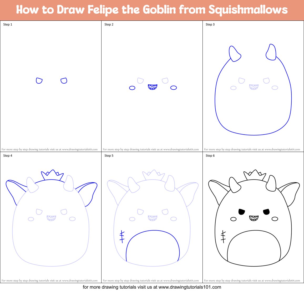 How to Draw Felipe the Goblin from Squishmallows Printable Step by Step
