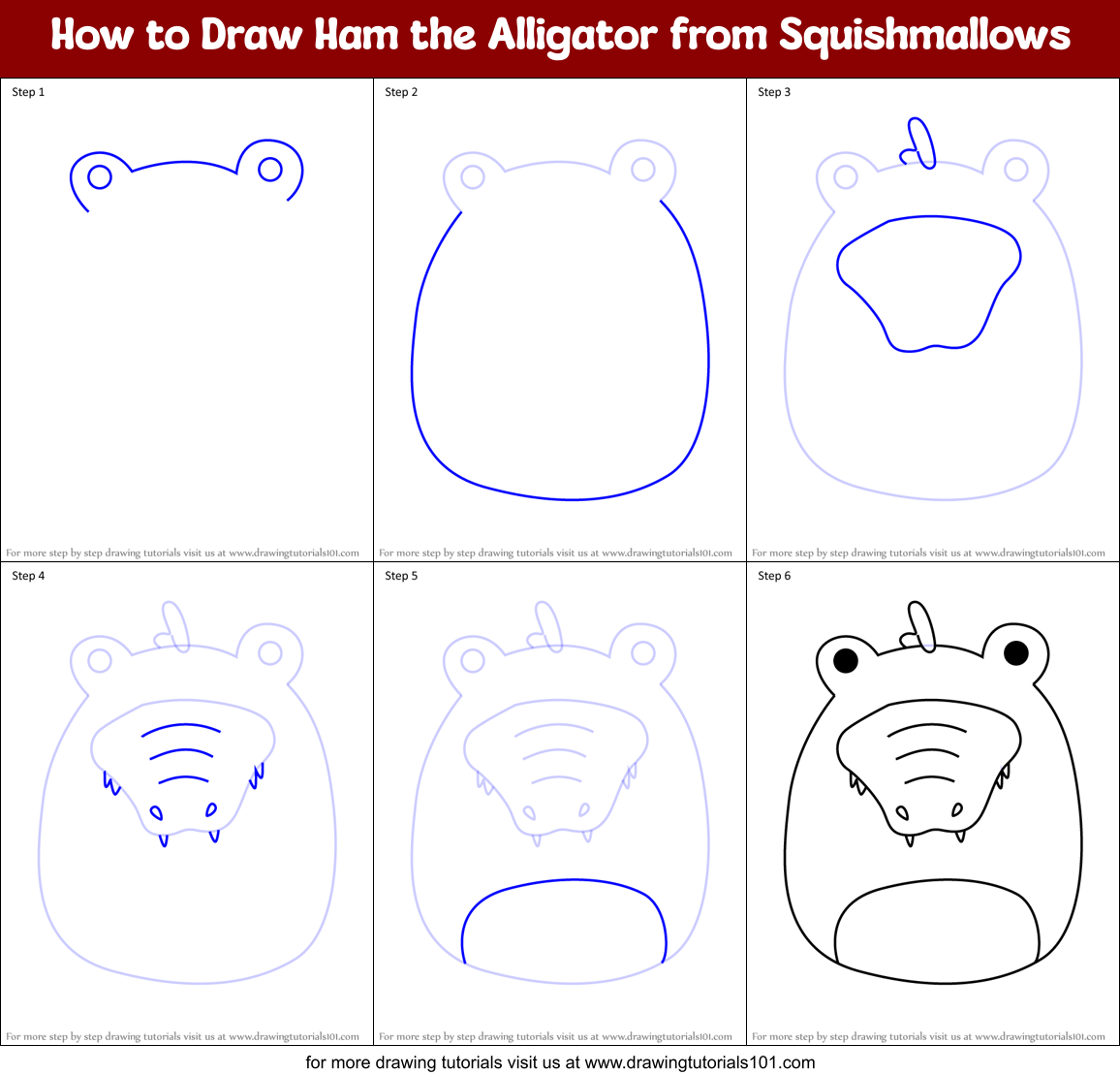 How to Draw Ham the Alligator from Squishmallows Printable Step by Step