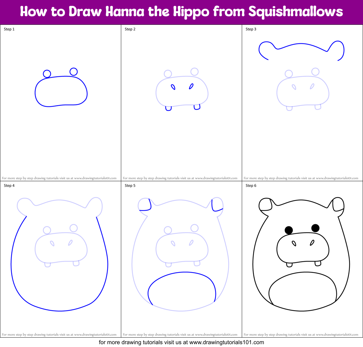 How to Draw Hanna the Hippo from Squishmallows Printable Step by Step