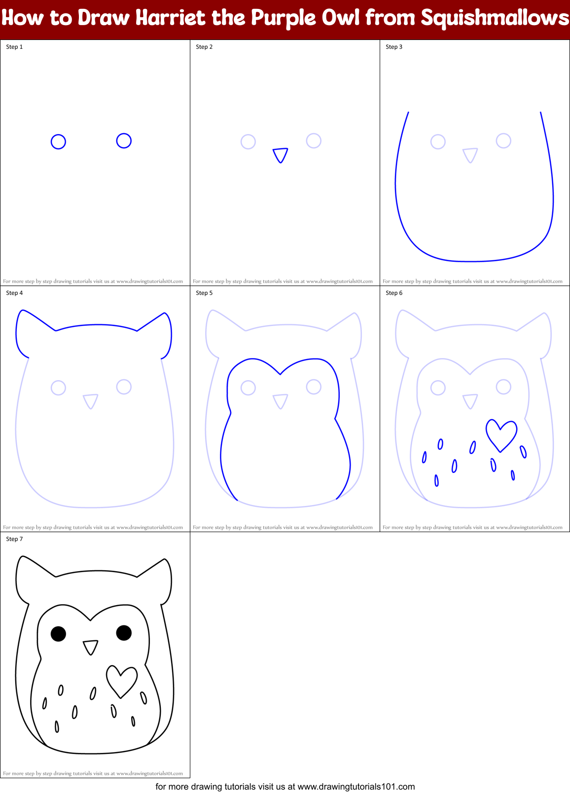 How to Draw Harriet the Purple Owl from Squishmallows Printable Step by Step