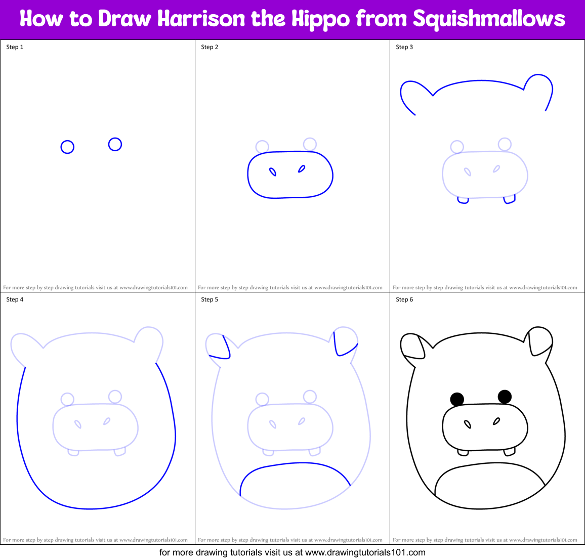 How to Draw Harrison the Hippo from Squishmallows Printable Step by Step