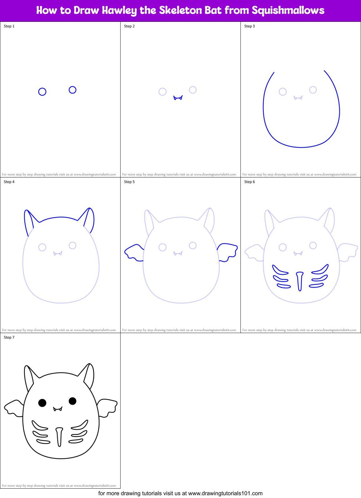 How to Draw Hawley the Skeleton Bat from Squishmallows Printable Step by Step
