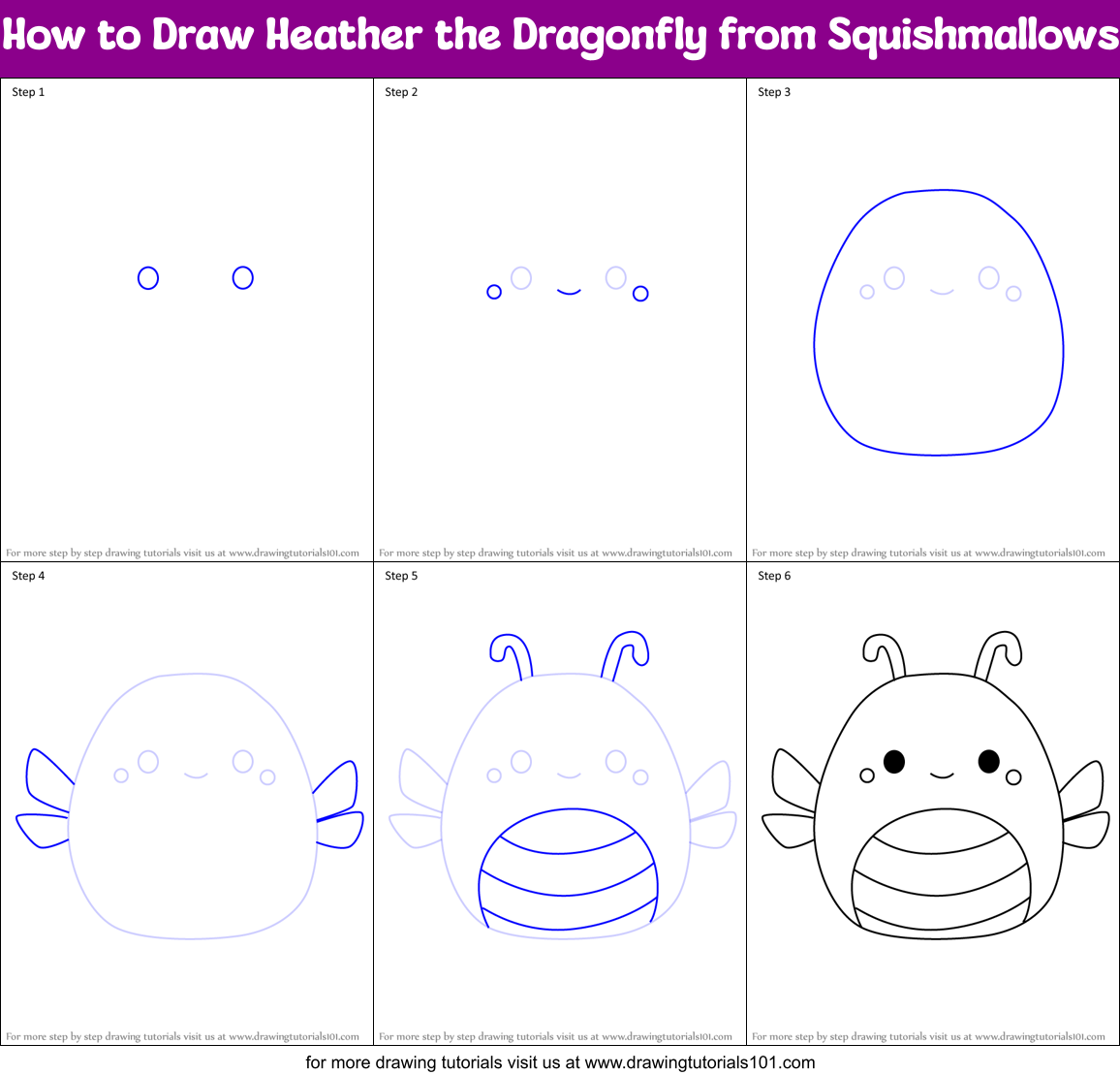 How to Draw Heather the Dragonfly from Squishmallows Printable Step by Step
