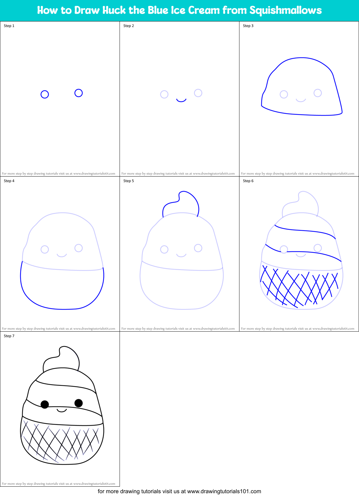 How to Draw Huck the Blue Ice Cream from Squishmallows Printable Step by Step