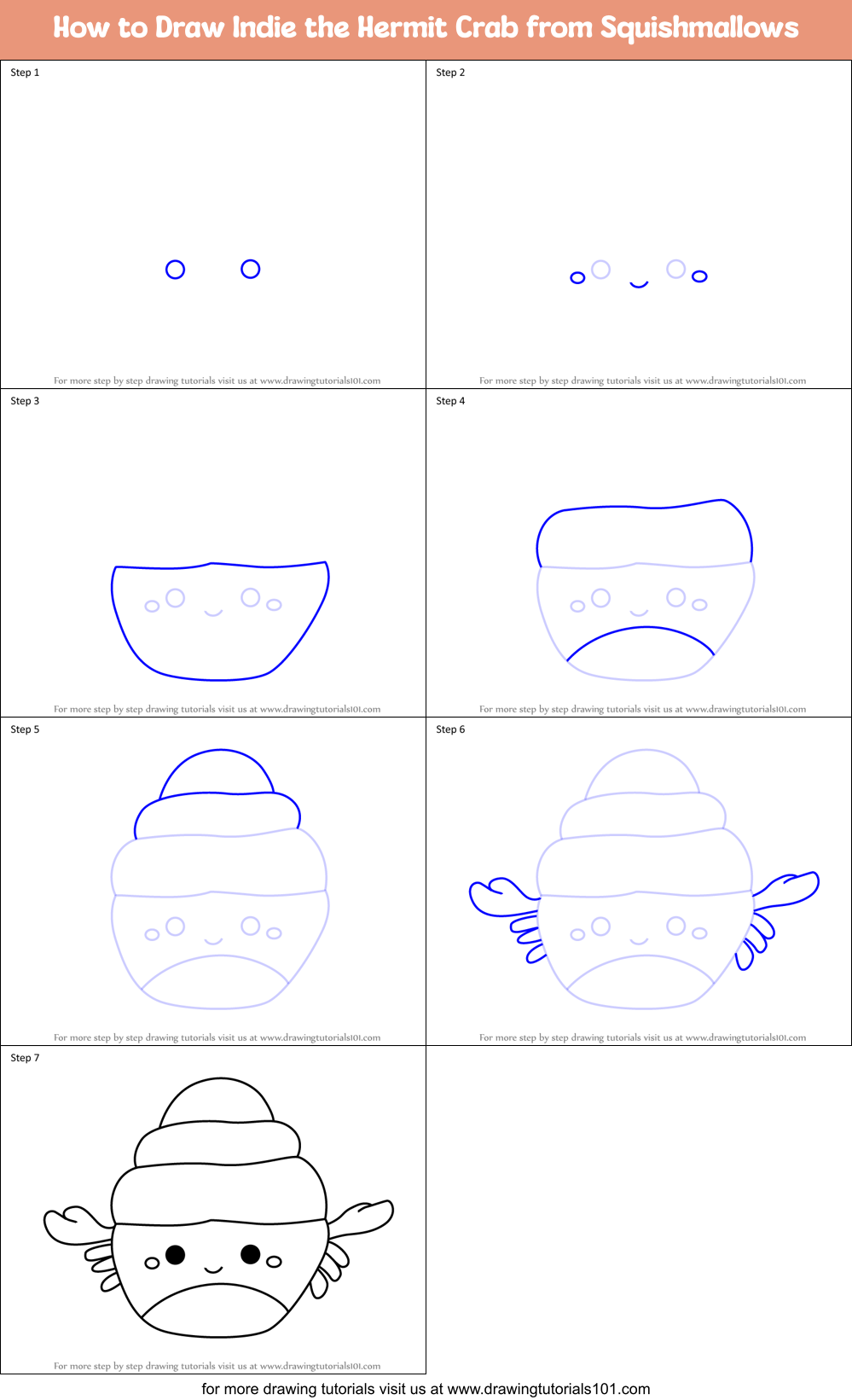 How to Draw Indie the Hermit Crab from Squishmallows Printable Step by Step