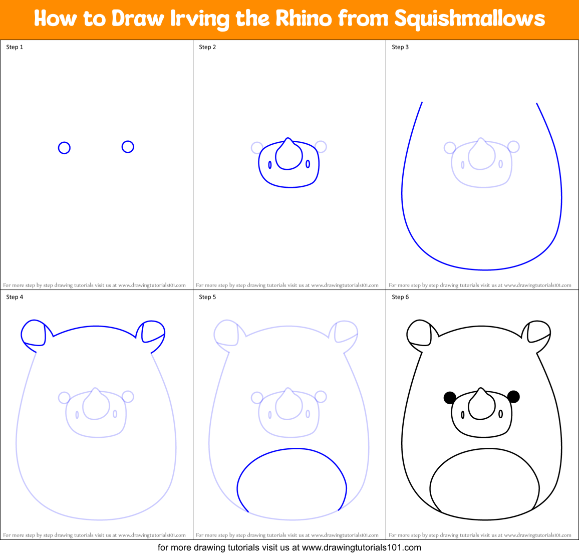 How to Draw Irving the Rhino from Squishmallows Printable Step by Step