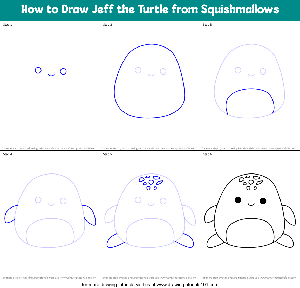 How to Draw Jeff the Turtle from Squishmallows Printable Step by Step