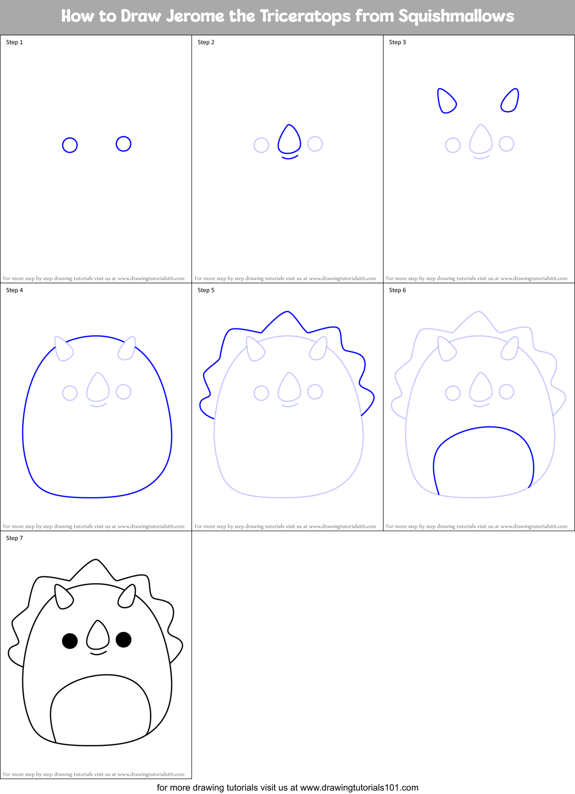 How to Draw Jerome the Triceratops from Squishmallows Printable Step by Step