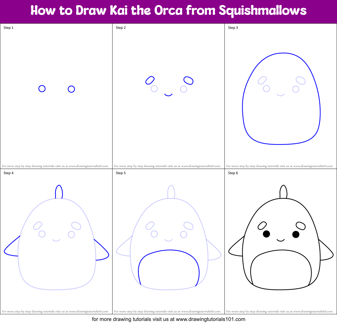 How to Draw Kai the Orca from Squishmallows Printable Step by Step