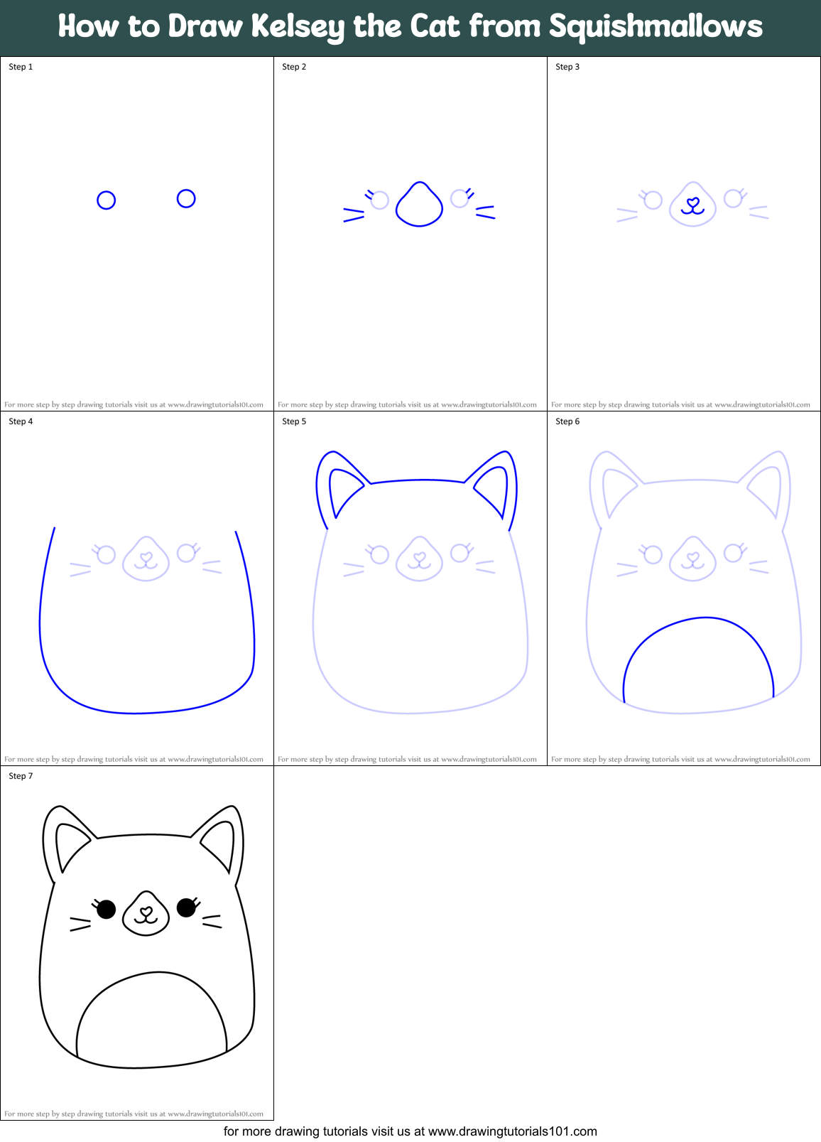 How to Draw Kelsey the Cat from Squishmallows Printable Step by Step