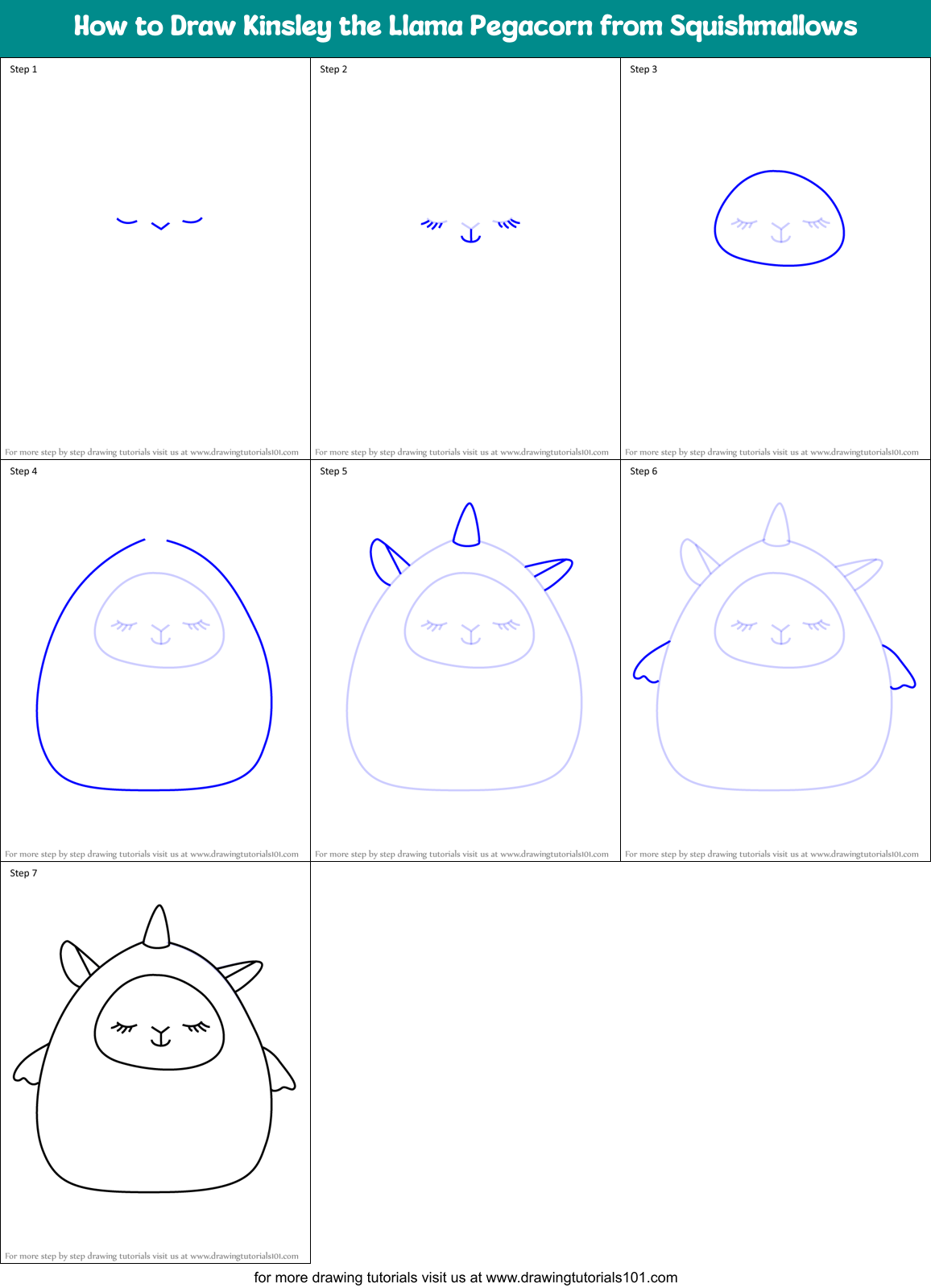 How to Draw Kinsley the Llama Pegacorn from Squishmallows Printable Step by Step