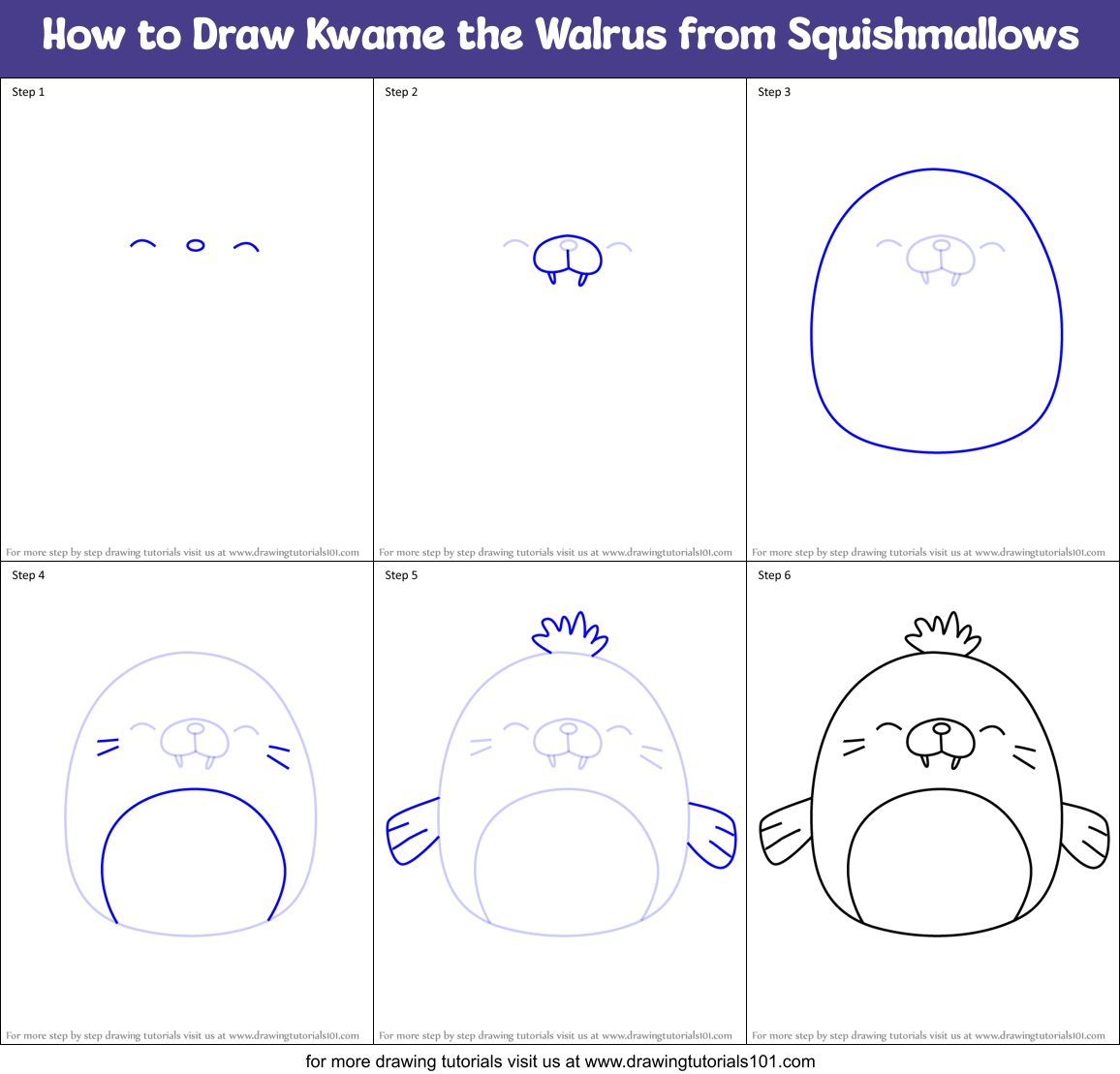 How to Draw Kwame the Walrus from Squishmallows Printable Step by Step