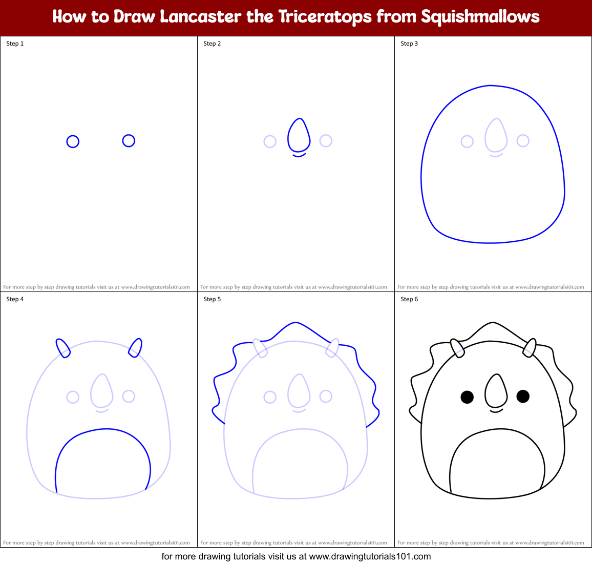 How to Draw Lancaster the Triceratops from Squishmallows Printable Step by Step