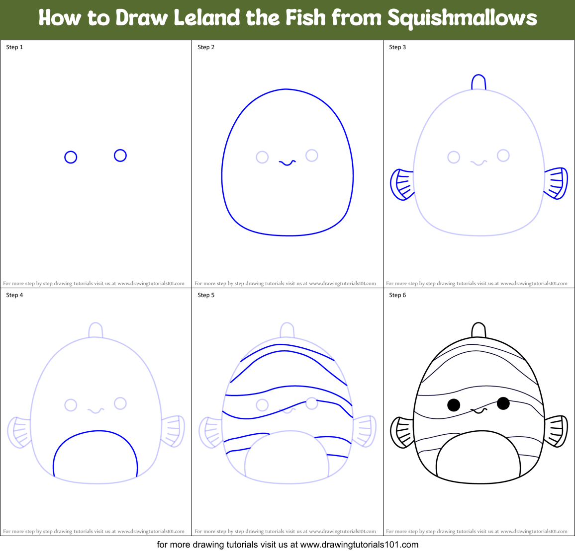How to Draw Leland the Fish from Squishmallows Printable Step by Step