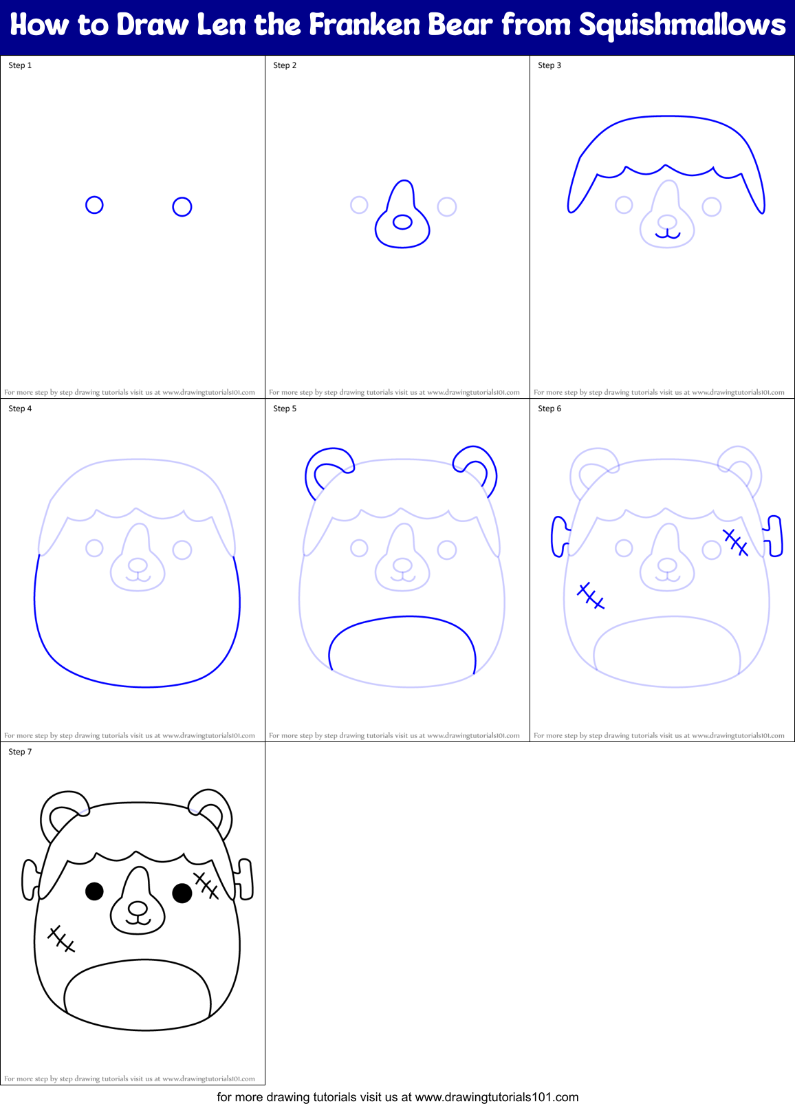 How to Draw Len the Franken Bear from Squishmallows Printable Step by Step