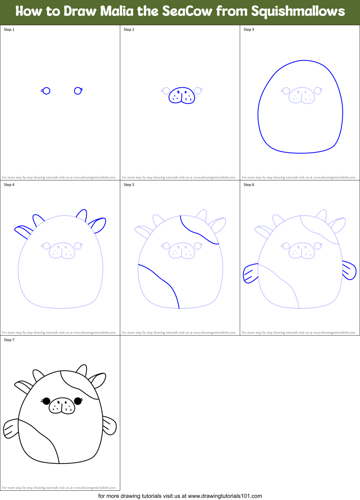 How to Draw Malia the SeaCow from Squishmallows Printable Step by Step