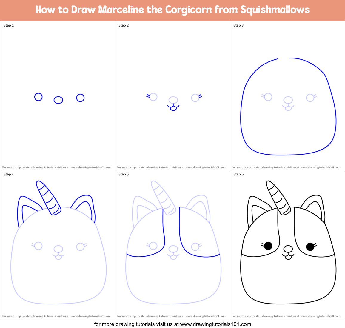 How to Draw Marceline the Corgicorn from Squishmallows Printable Step by Step