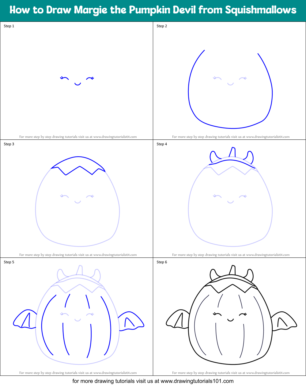 How to Draw Margie the Pumpkin Devil from Squishmallows Printable Step by Step