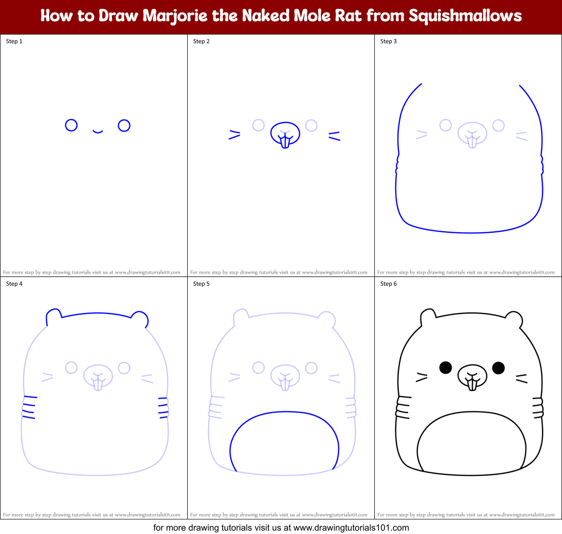 How to Draw Marjorie the Naked Mole Rat from Squishmallows Printable Step by Step