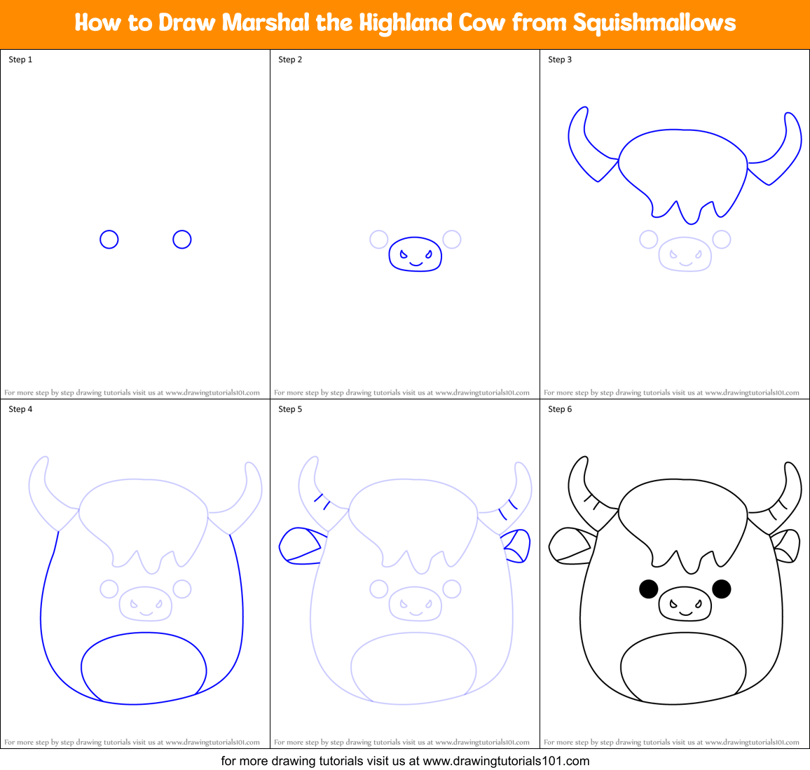 How to Draw Marshal the Highland Cow from Squishmallows Printable Step by Step