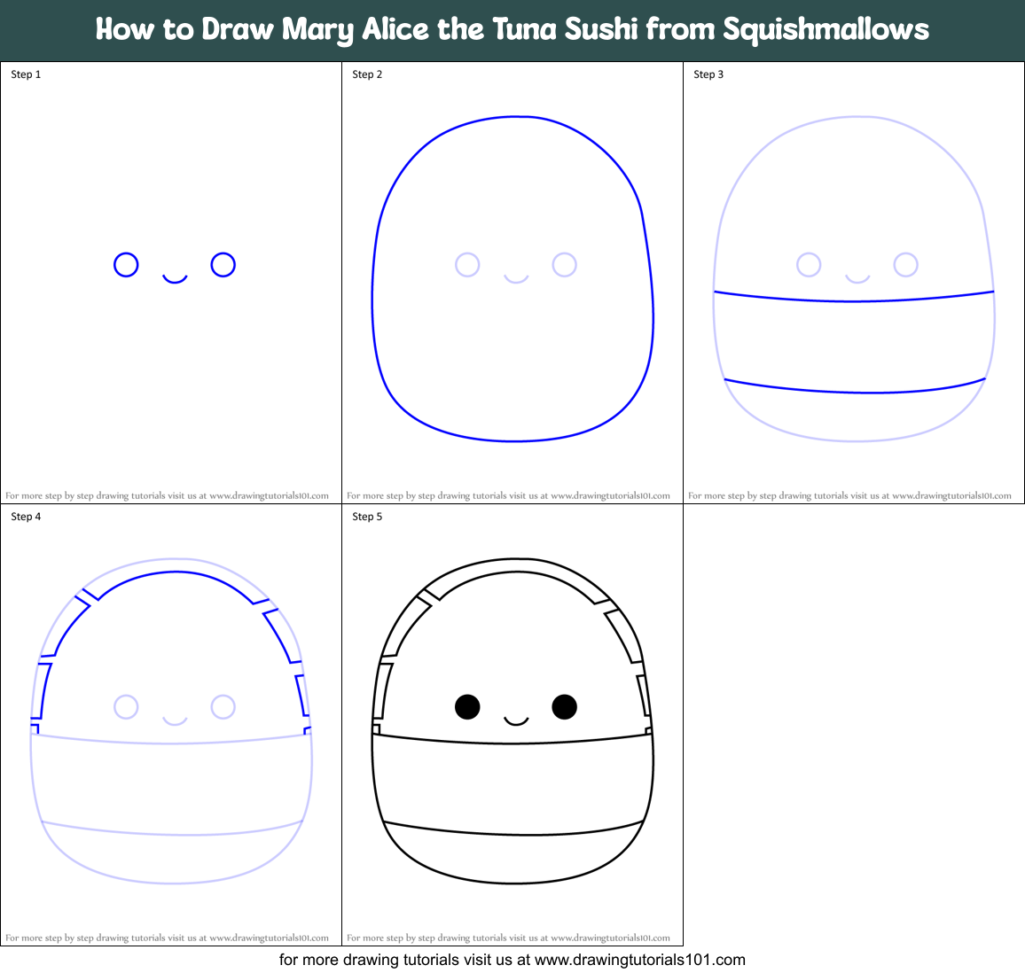 How to Draw Mary Alice the Tuna Sushi from Squishmallows Printable Step by Step
