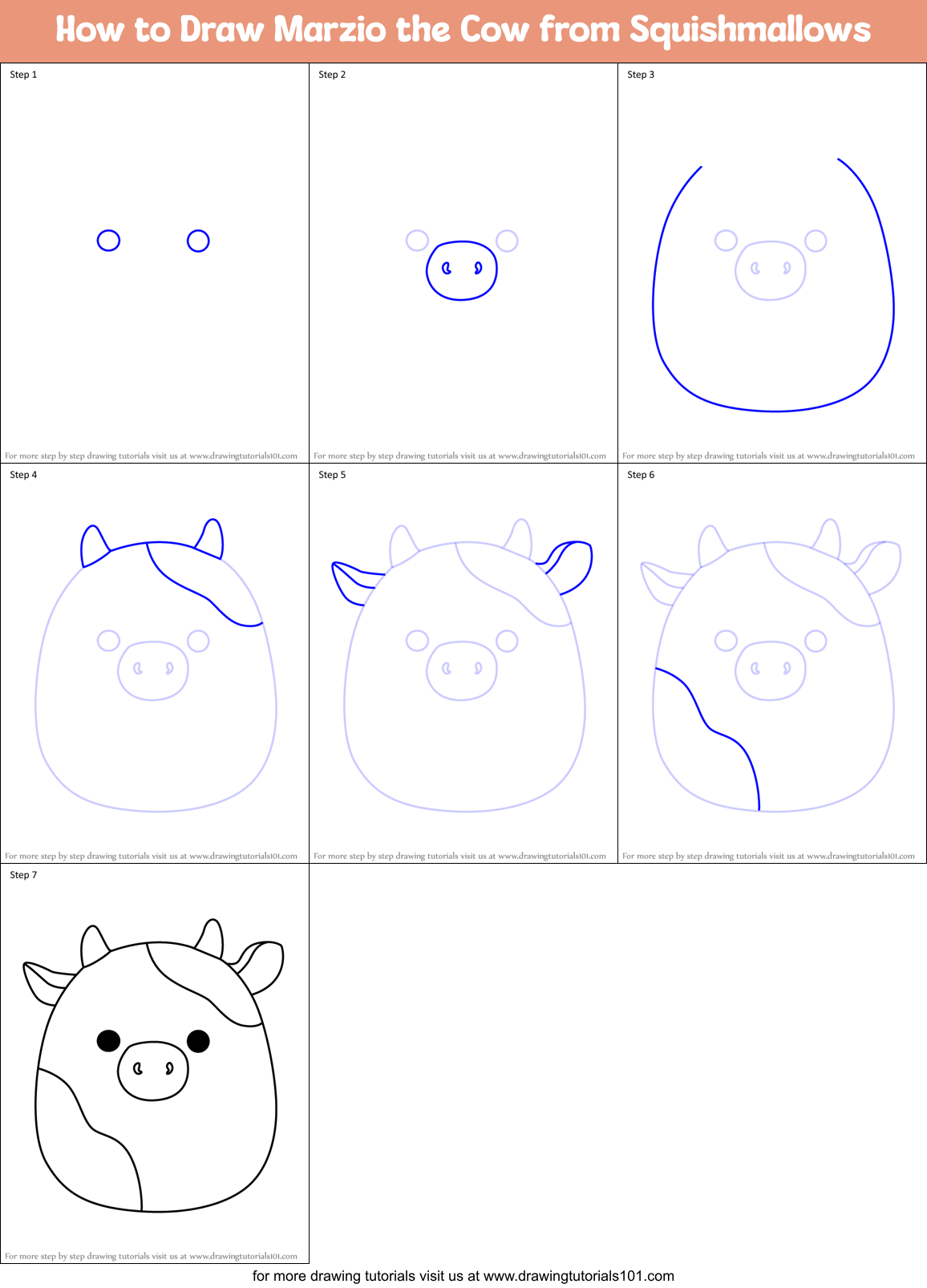 How to Draw Marzio the Cow from Squishmallows Printable Step by Step