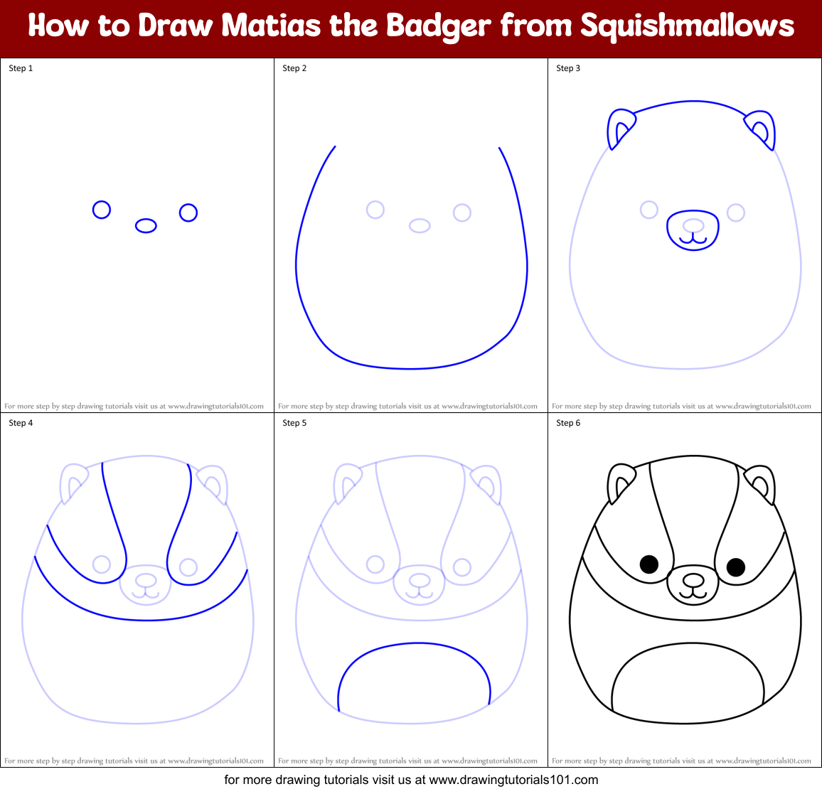 How to Draw Matias the Badger from Squishmallows Printable Step by Step
