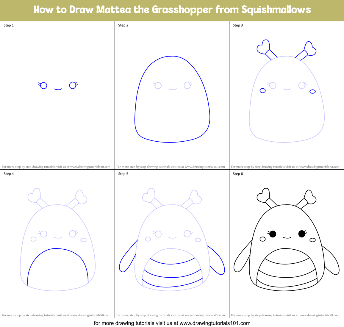 How to Draw Mattea the Grasshopper from Squishmallows Printable Step by Step