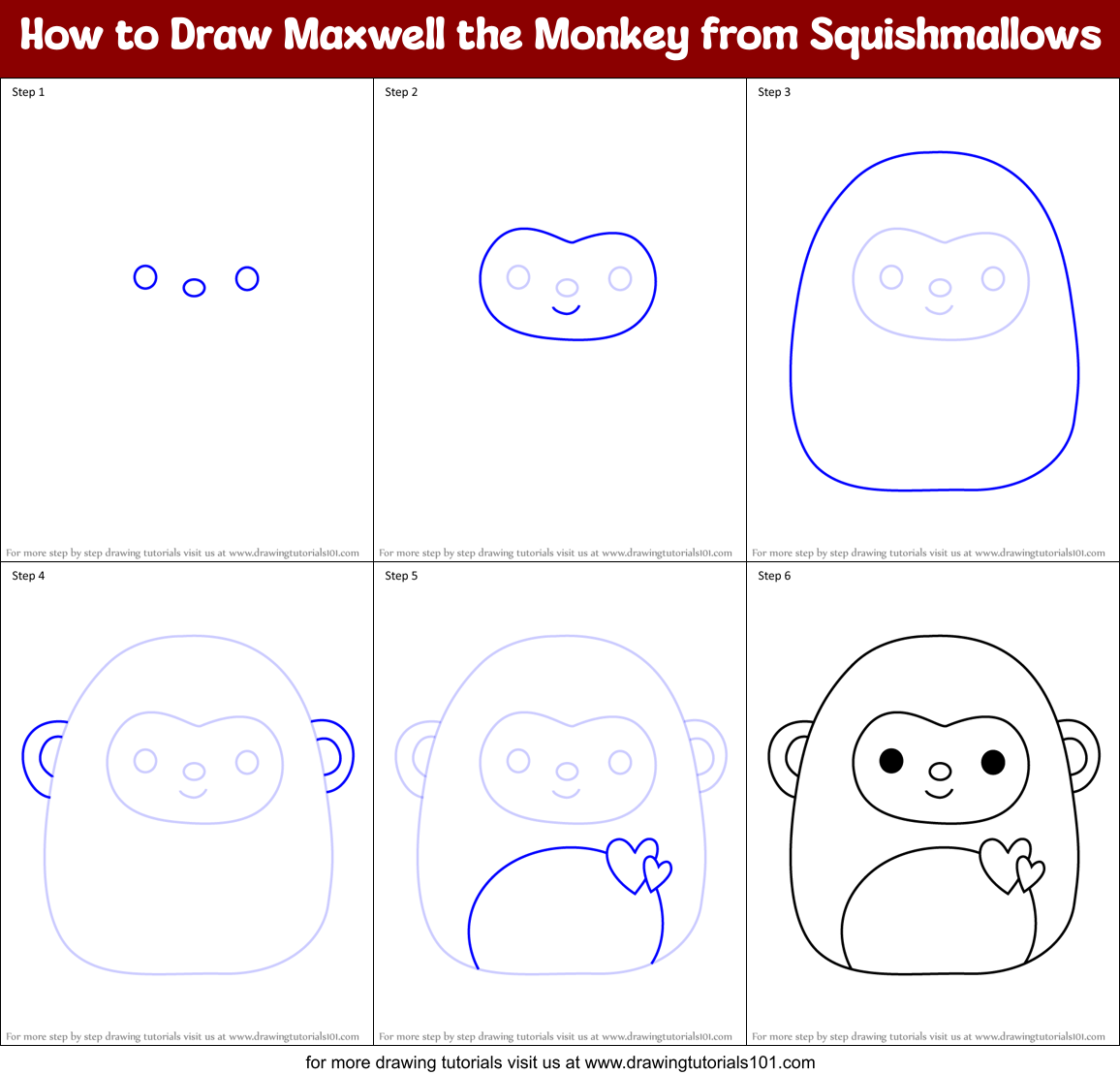 How to Draw Maxwell the Monkey from Squishmallows Printable Step by Step