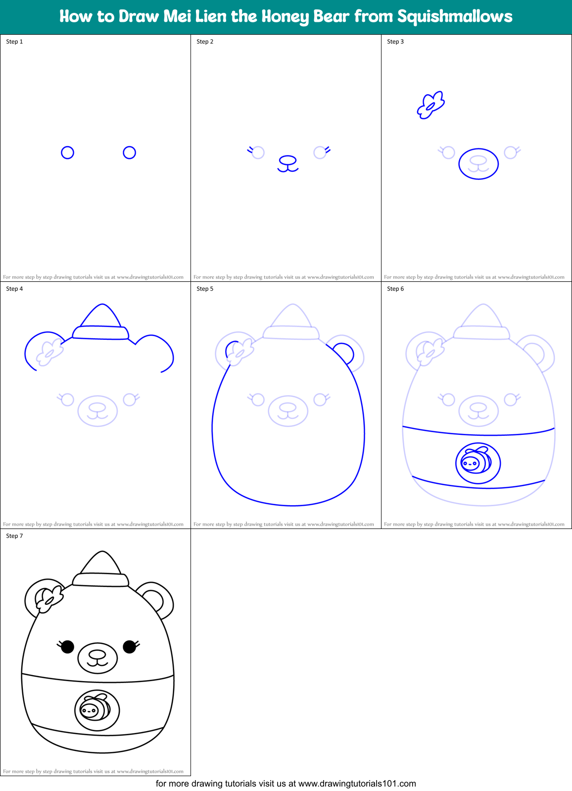 How to Draw Mei Lien the Honey Bear from Squishmallows Printable Step by Step
