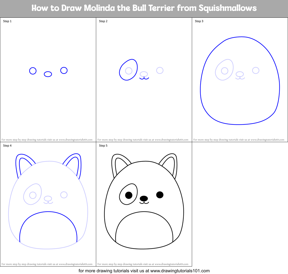 How to Draw Molinda the Bull Terrier from Squishmallows Printable Step by Step