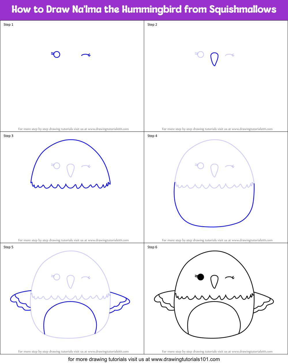 How to Draw Na'lma the Hummingbird from Squishmallows Printable Step by Step