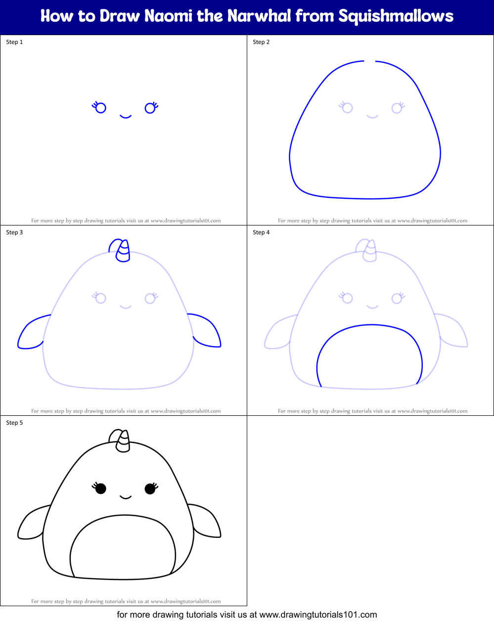 How to Draw Naomi the Narwhal from Squishmallows Printable Step by Step