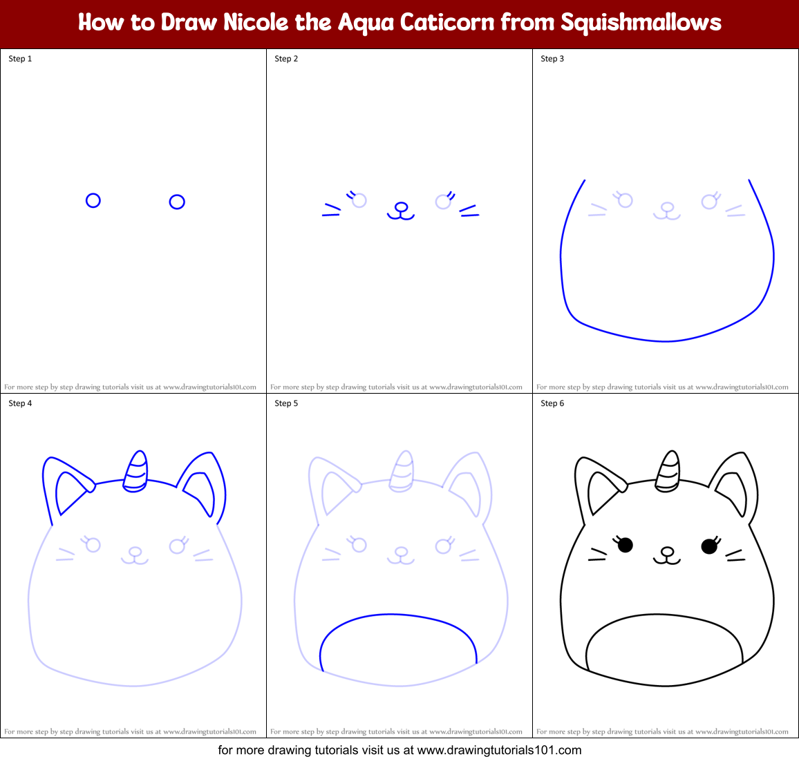 How to Draw Nicole the Aqua Caticorn from Squishmallows Printable Step by Step