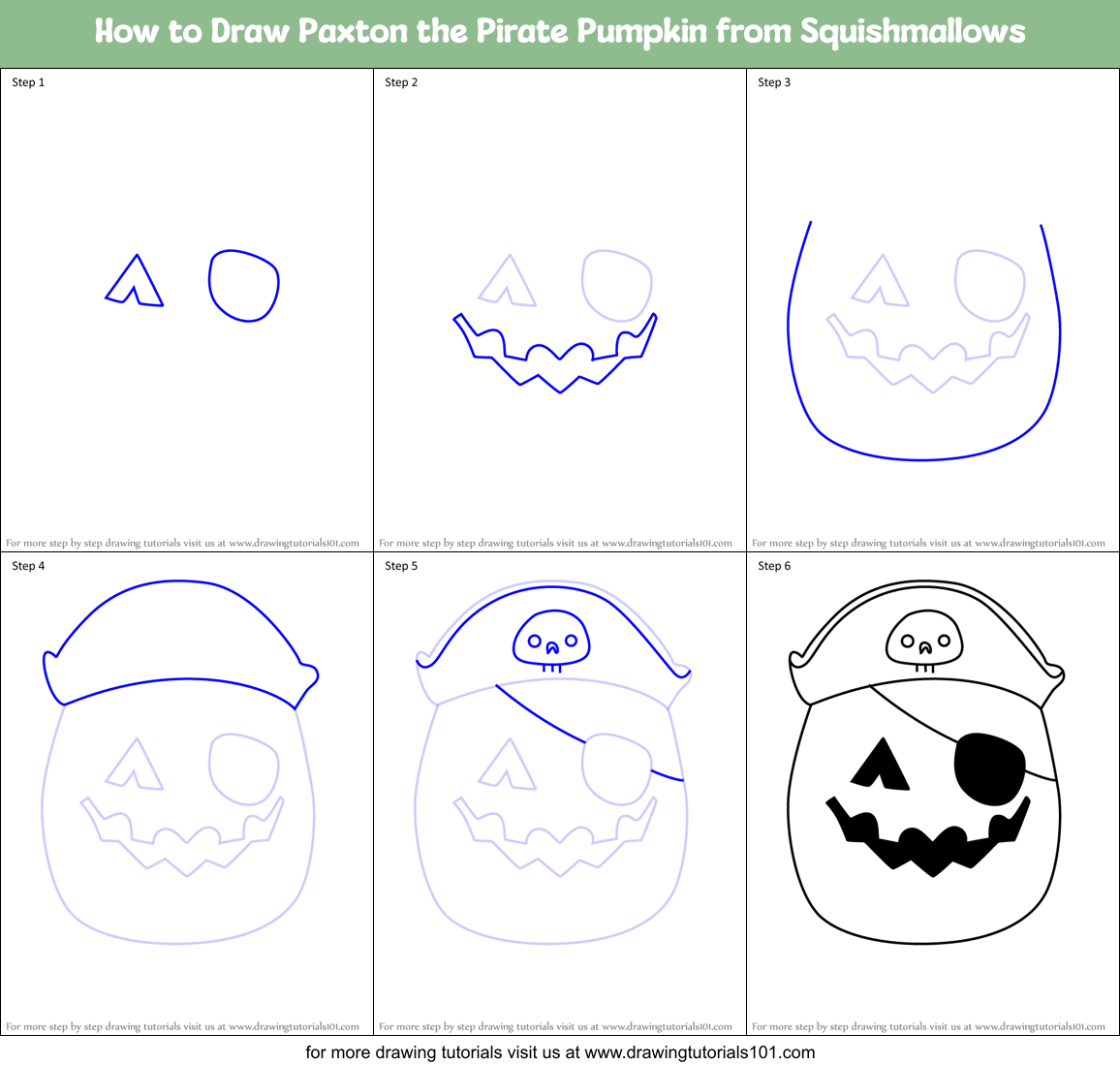 How to Draw Paxton the Pirate Pumpkin from Squishmallows Printable Step by Step