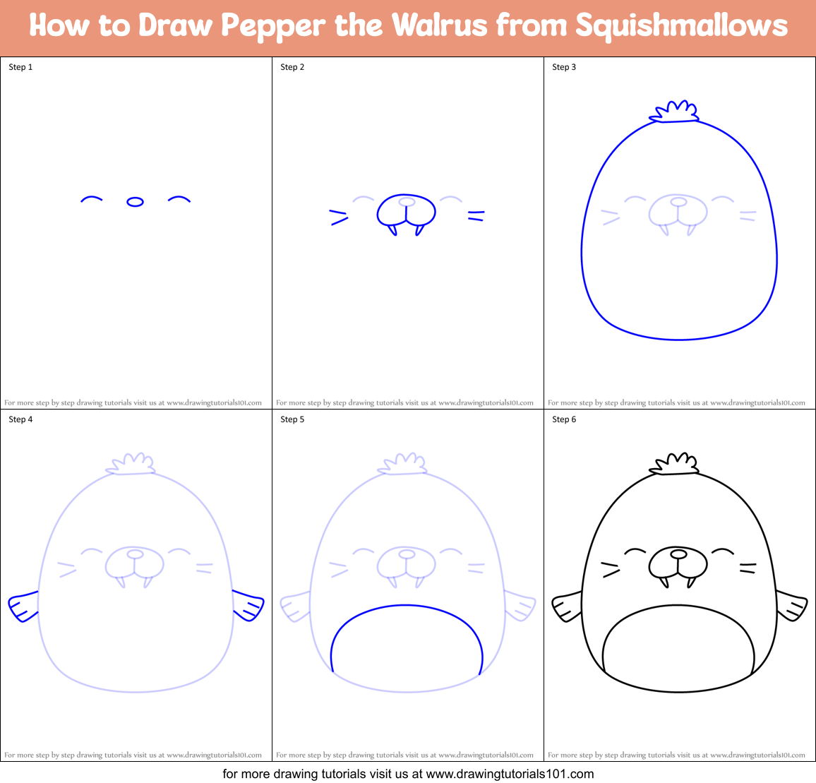 How to Draw Pepper the Walrus from Squishmallows Printable Step by Step